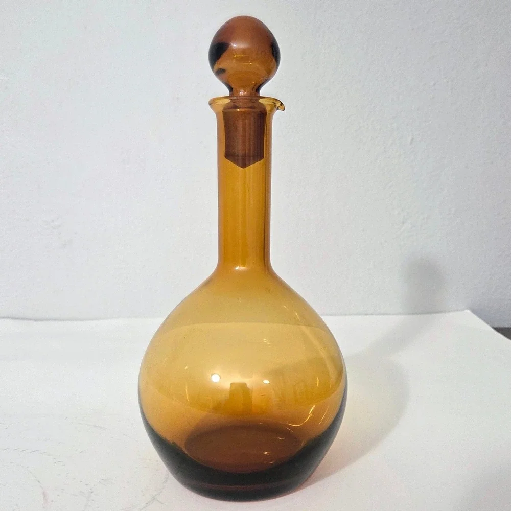 Vintage Amber Glass Decanter w/ Stopper Mid Century Modern Bottle Amber Retro